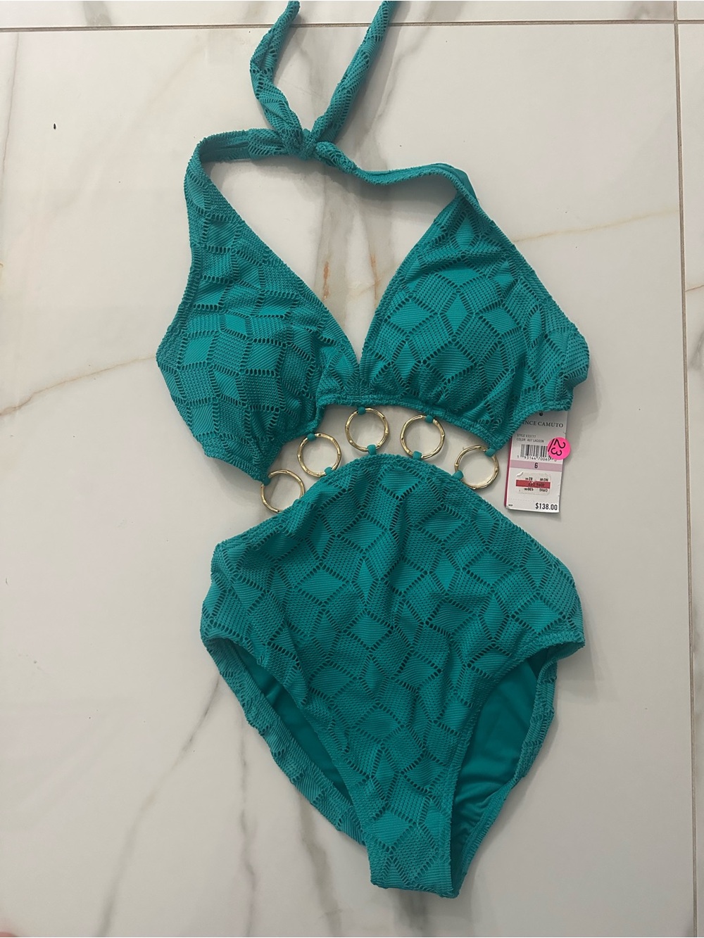 Vince cami Turquoise Halter One-Piece Swim Suit with Gold Ring Accents - Picture 3 of 9